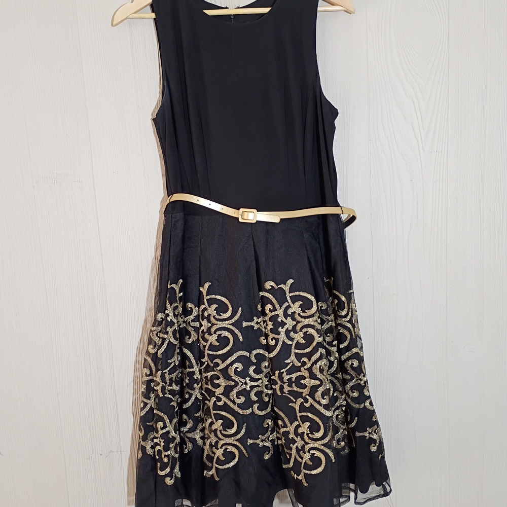 R&K Black Midi Dress with Gold Embroidery